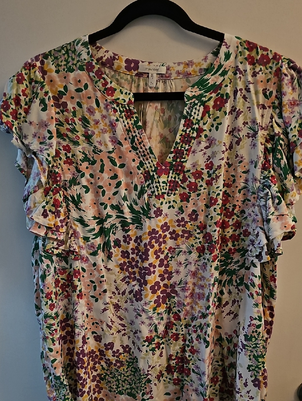 Maurices Multi-Color Floral V-Neck Ruffle Sleeve Top